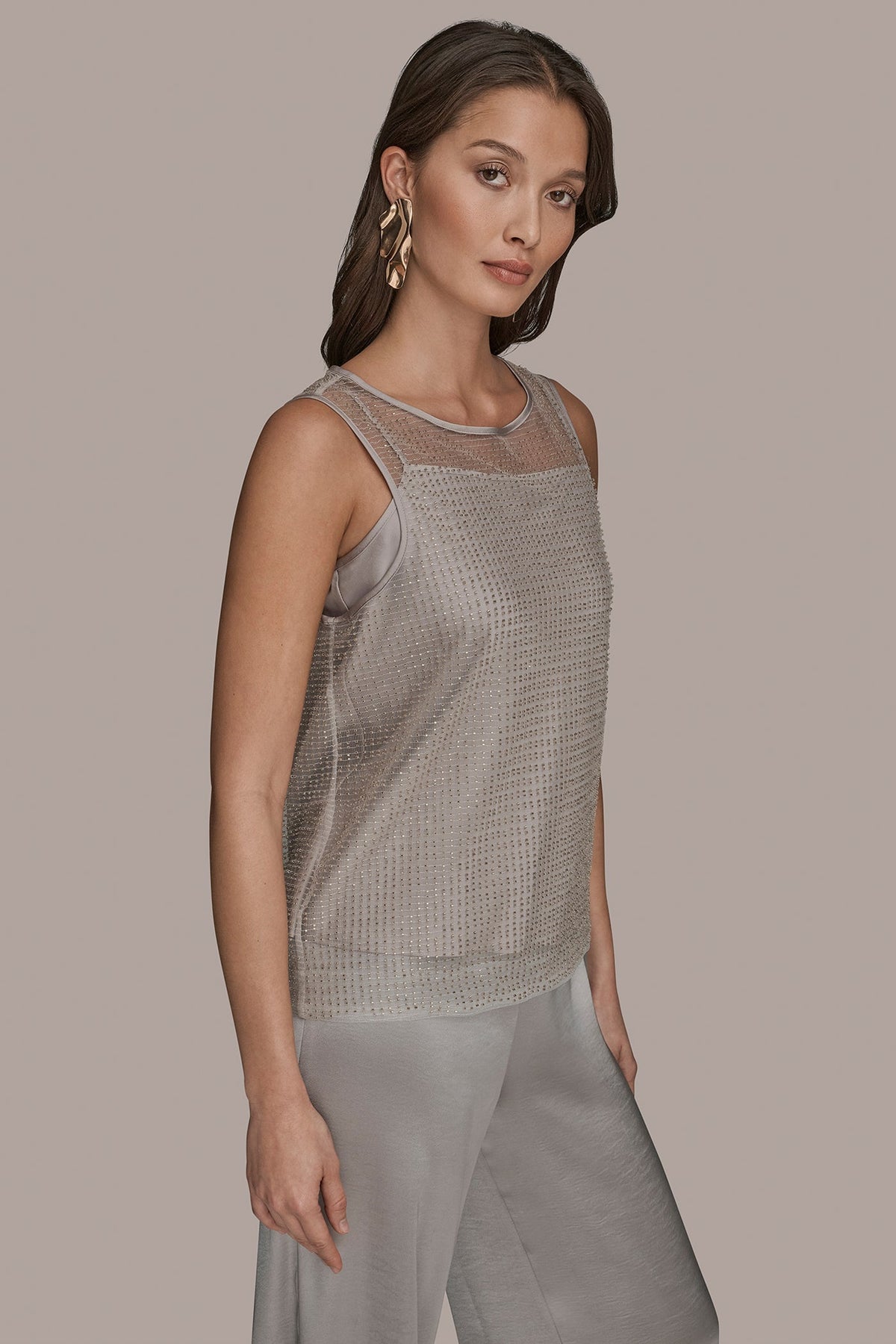 LAYERED BEADED SLEEVELESS BLOUSE