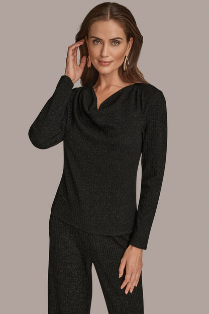 METALLIC COWL-NECK RIB-KNIT BLOUSE