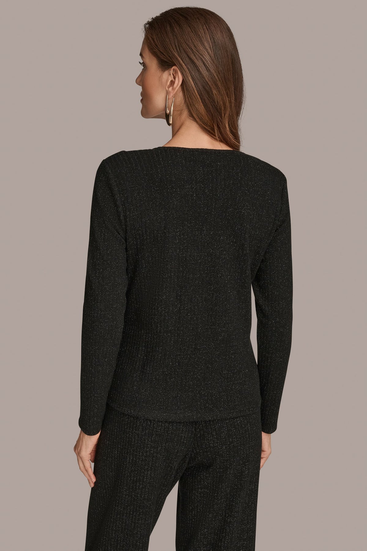 METALLIC COWL-NECK RIB-KNIT BLOUSE