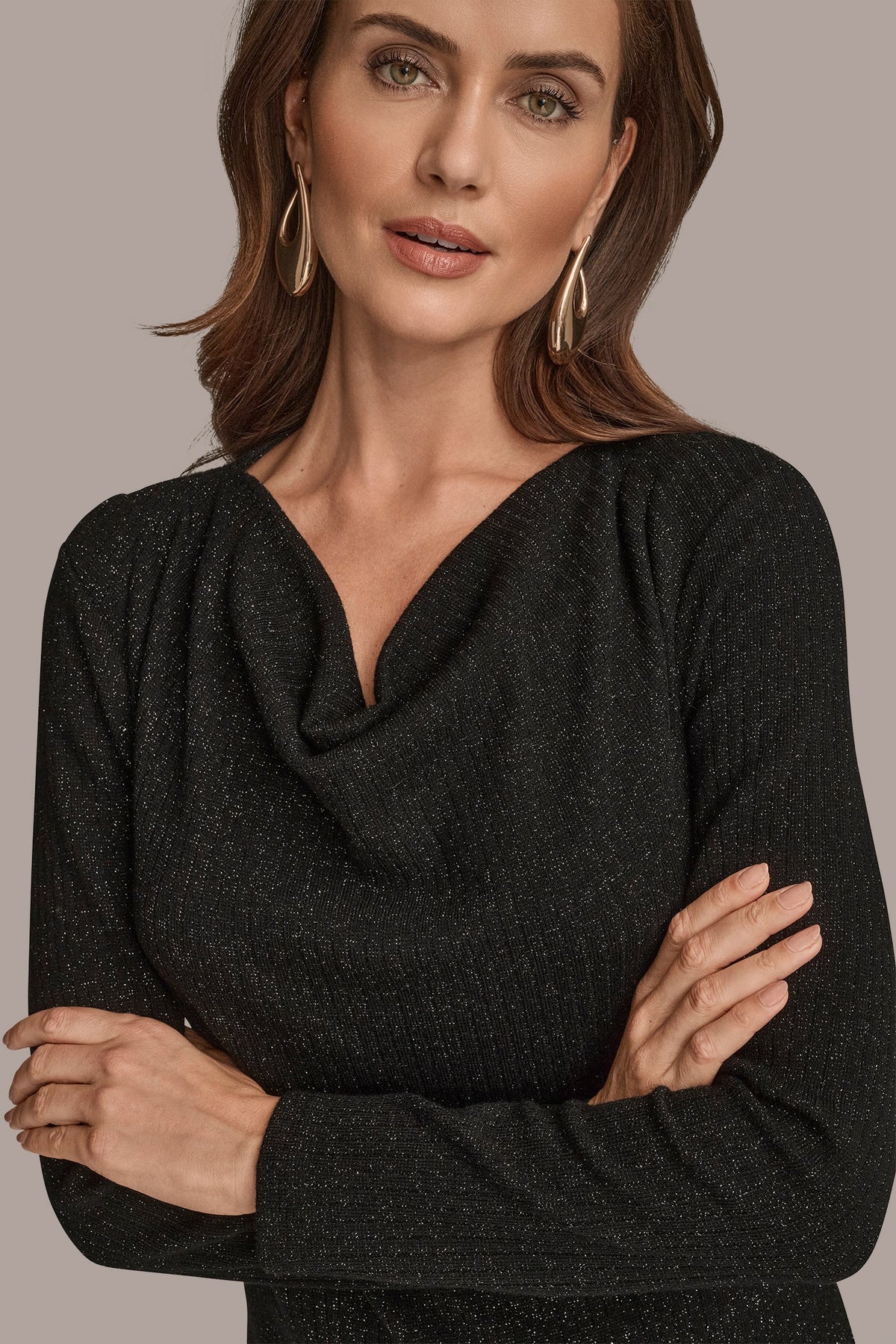 METALLIC COWL-NECK RIB-KNIT BLOUSE