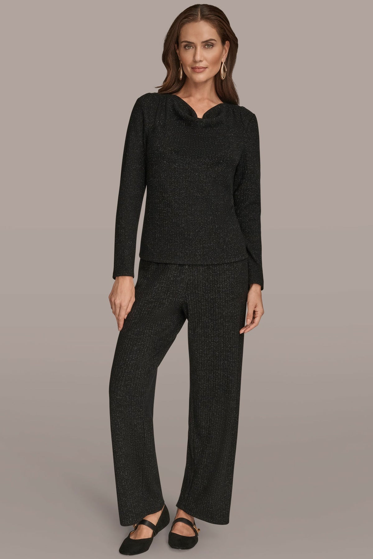 METALLIC COWL-NECK RIB-KNIT BLOUSE