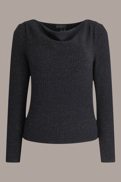 METALLIC COWL-NECK RIB-KNIT BLOUSE