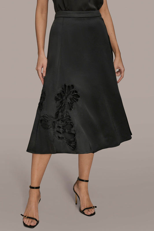 FLORAL-SEQUINED SATIN MIDI SKIRT