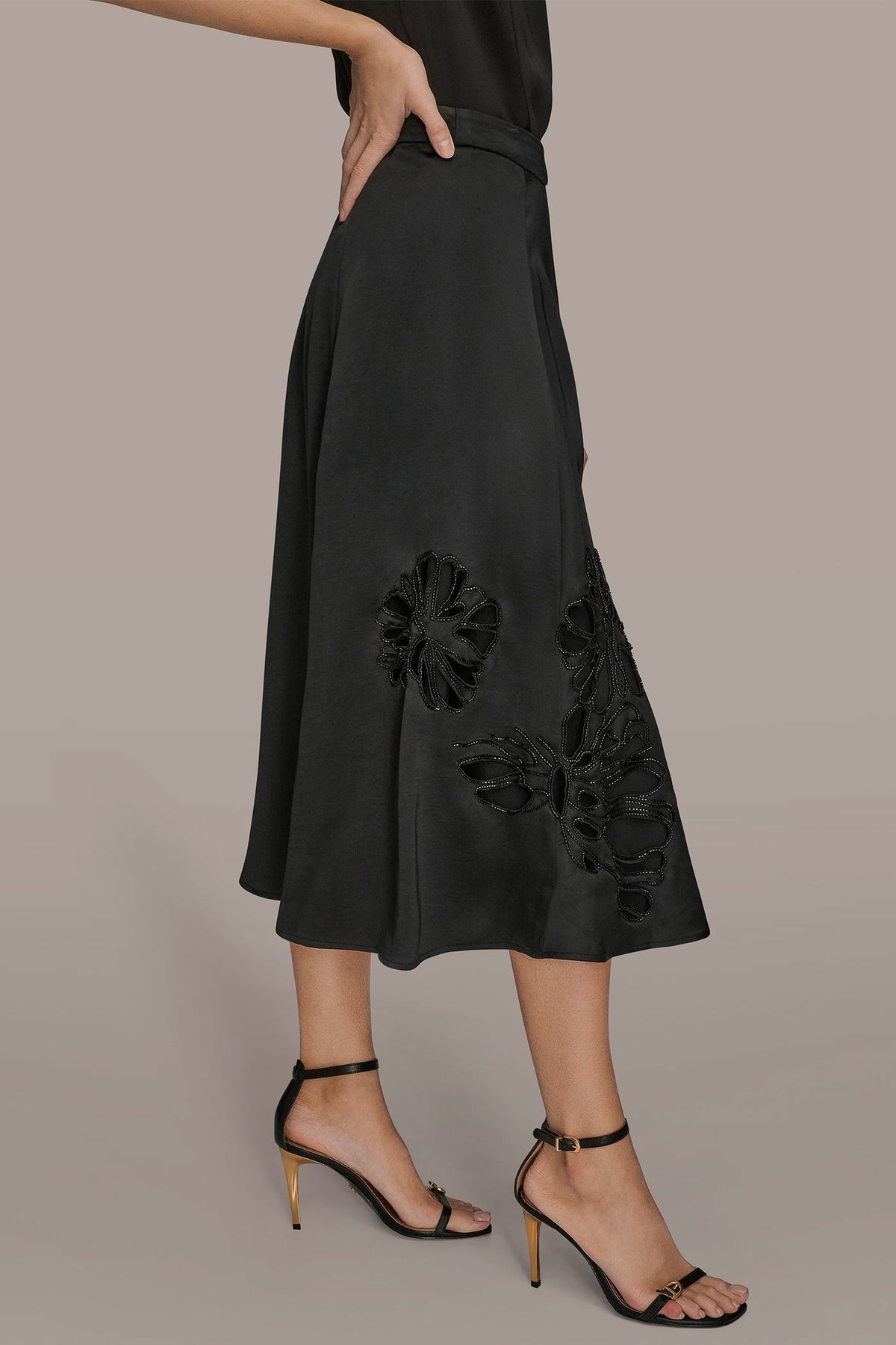 FLORAL-SEQUINED SATIN MIDI SKIRT