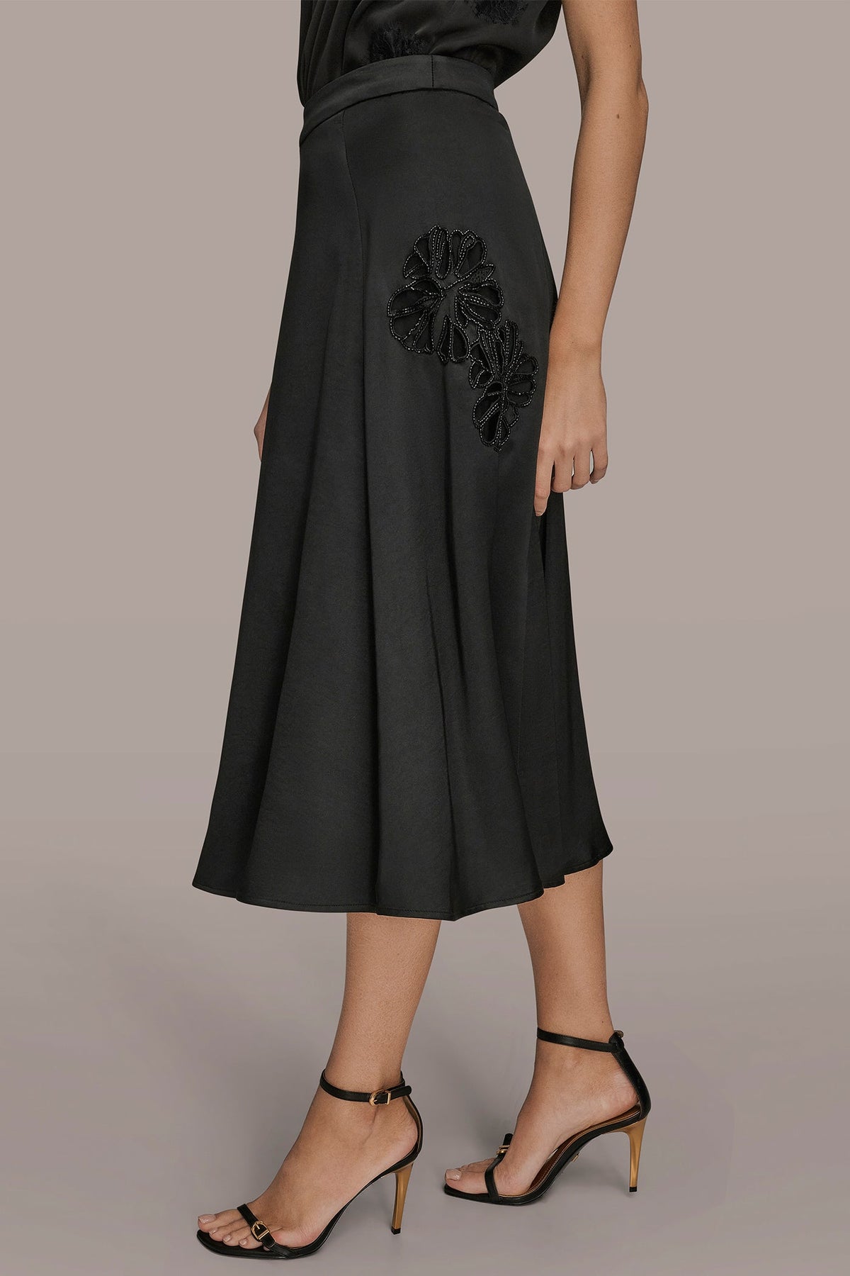 FLORAL-SEQUINED SATIN MIDI SKIRT