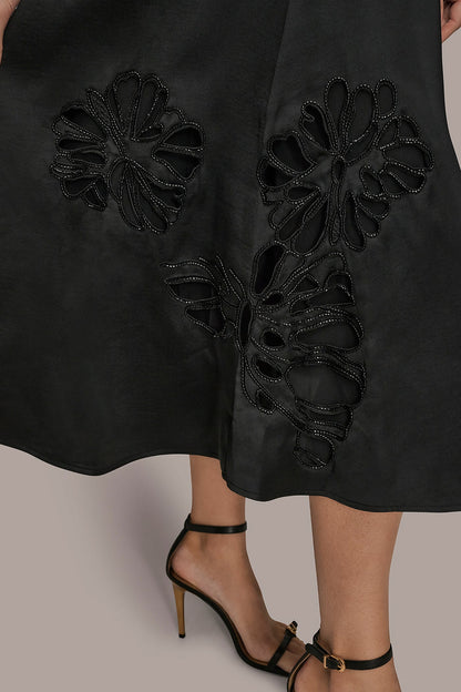 FLORAL-SEQUINED SATIN MIDI SKIRT