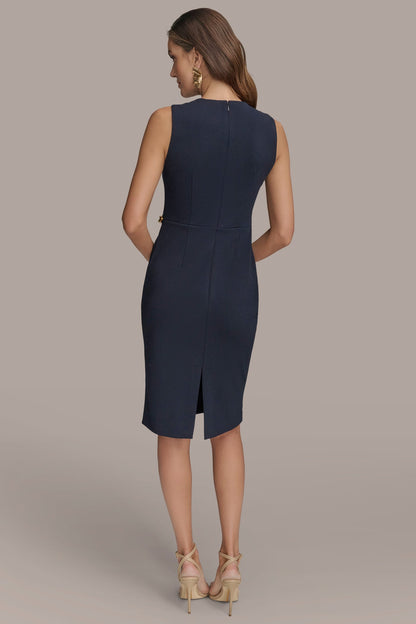 SLEEVELESS PLEATED MIDI SHEATH DRESS