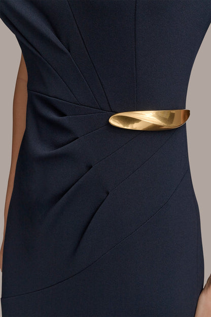 SLEEVELESS PLEATED MIDI SHEATH DRESS