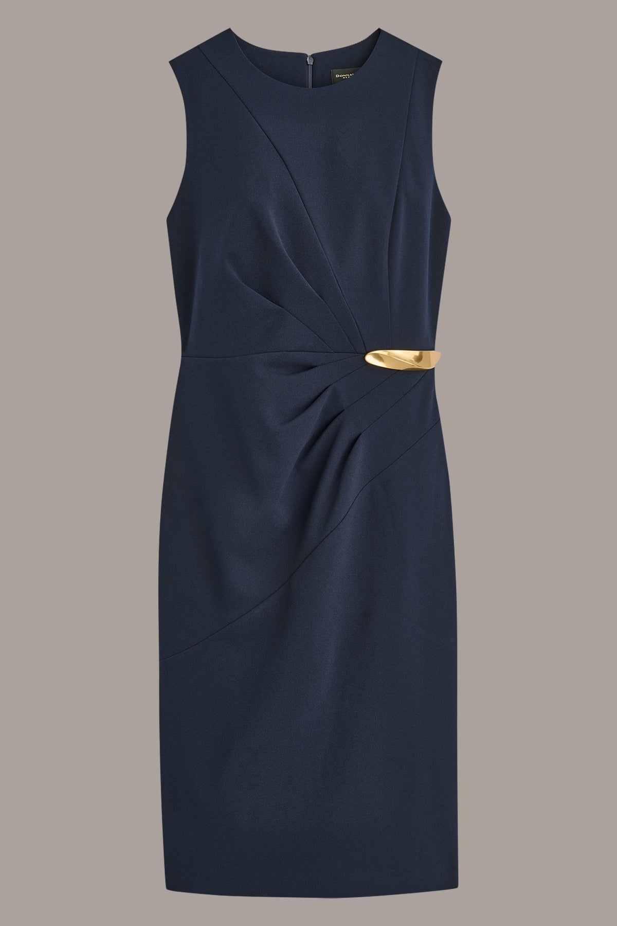 SLEEVELESS PLEATED MIDI SHEATH DRESS