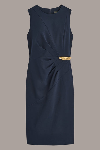 SLEEVELESS PLEATED MIDI SHEATH DRESS