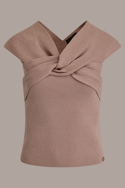 METALLIC TWIST OFF THE SHOULDER SWEATER