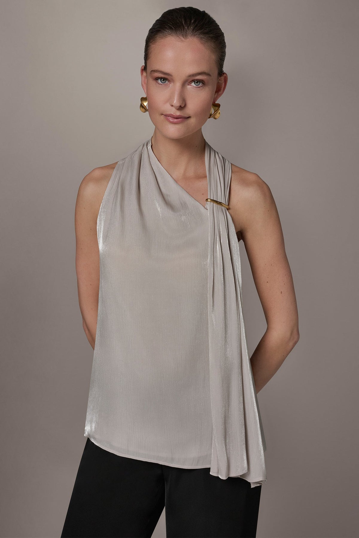 METALLIC ASYMMETRIC SCARF HALTER BLOUSE