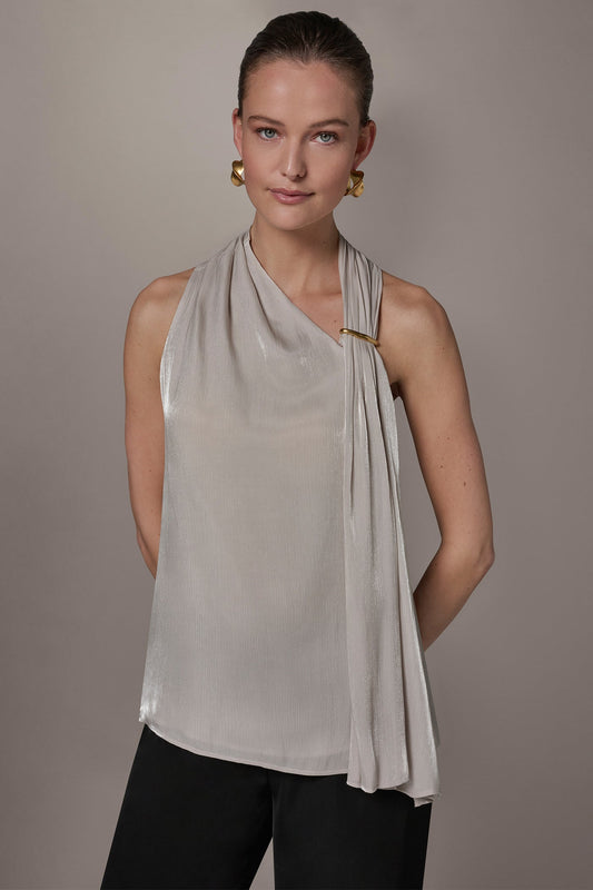 METALLIC ASYMMETRIC SCARF HALTER BLOUSE