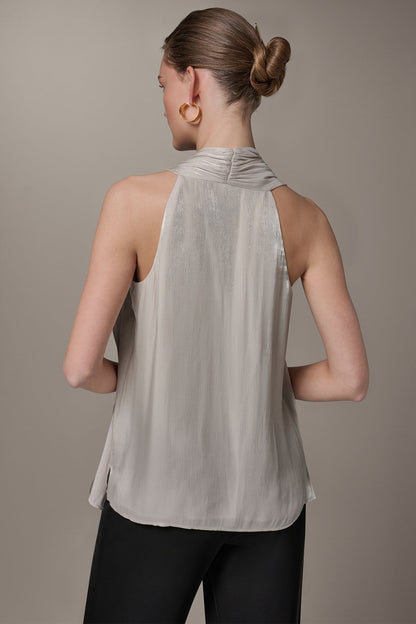 METALLIC ASYMMETRIC SCARF HALTER BLOUSE