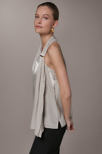 METALLIC ASYMMETRIC SCARF HALTER BLOUSE