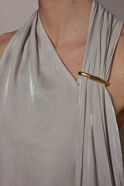 METALLIC ASYMMETRIC SCARF HALTER BLOUSE
