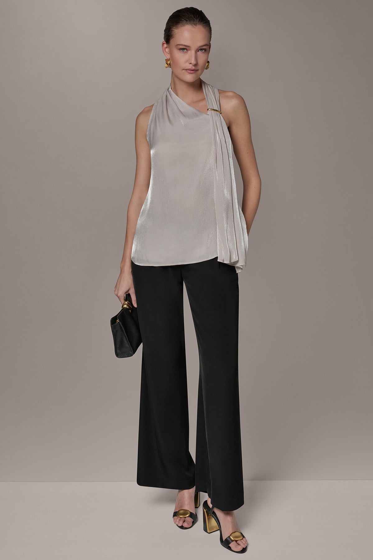 METALLIC ASYMMETRIC SCARF HALTER BLOUSE