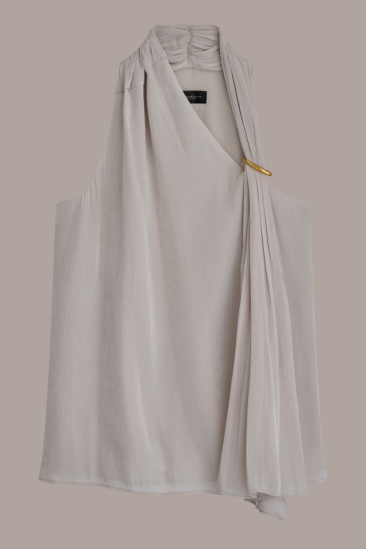 METALLIC ASYMMETRIC SCARF HALTER BLOUSE