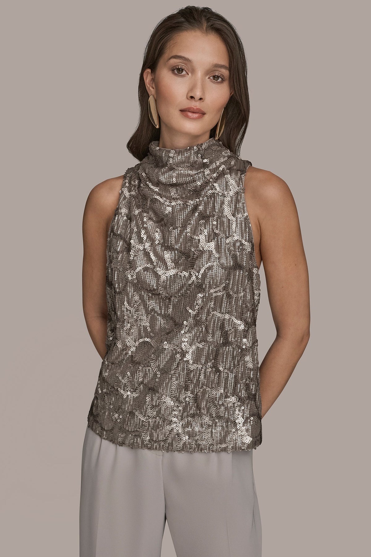 SLEEVELESS HIGH COWL-NECK SEQUIN TOP