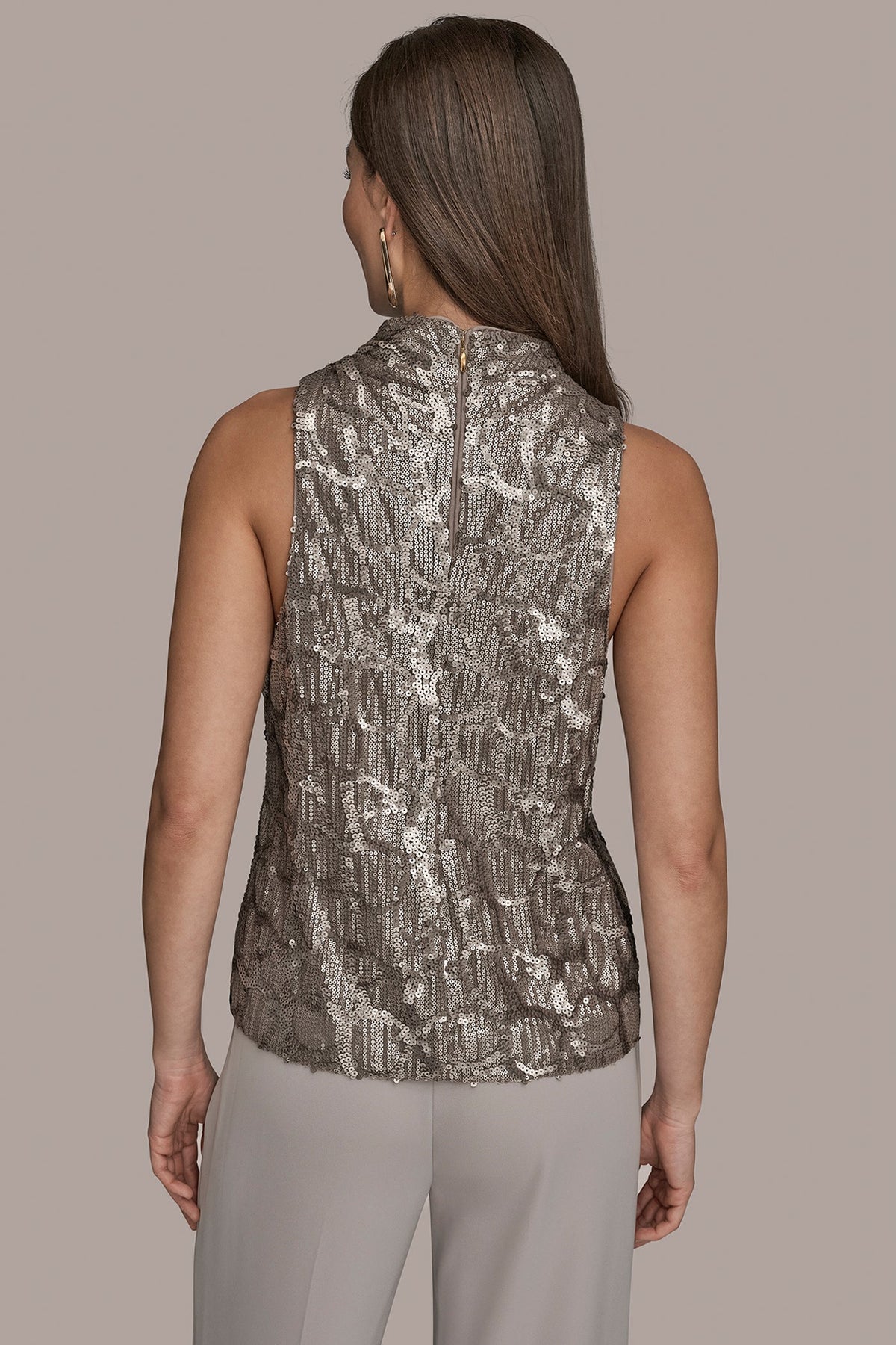 SLEEVELESS HIGH COWL-NECK SEQUIN TOP