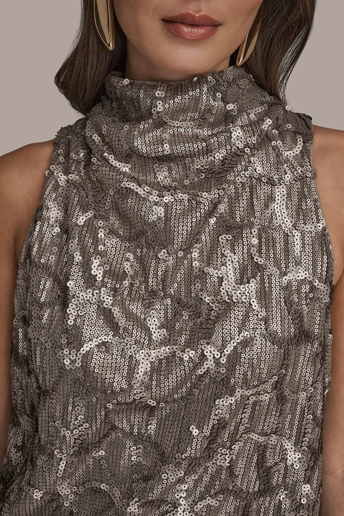 SLEEVELESS HIGH COWL-NECK SEQUIN TOP