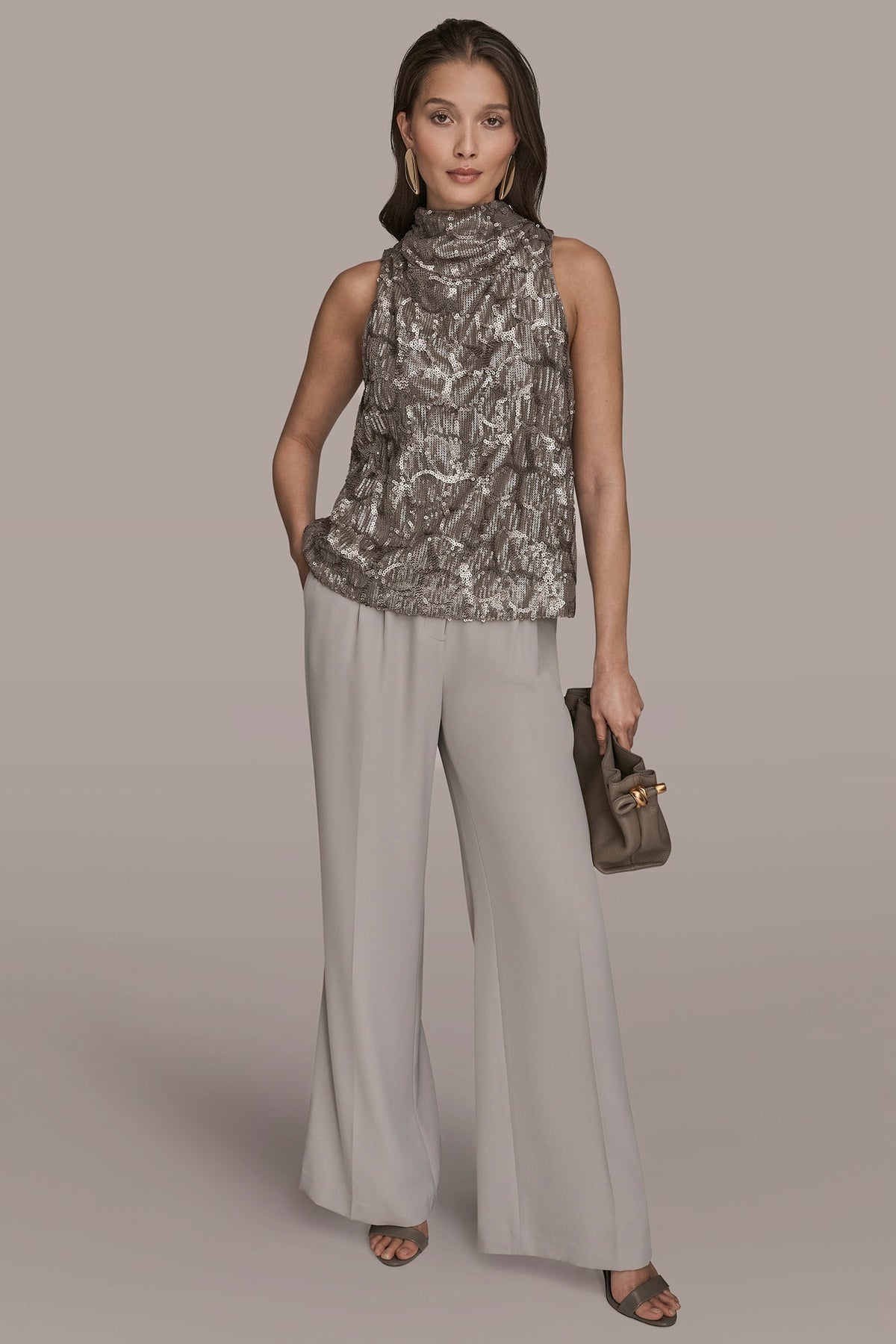 SLEEVELESS HIGH COWL-NECK SEQUIN TOP