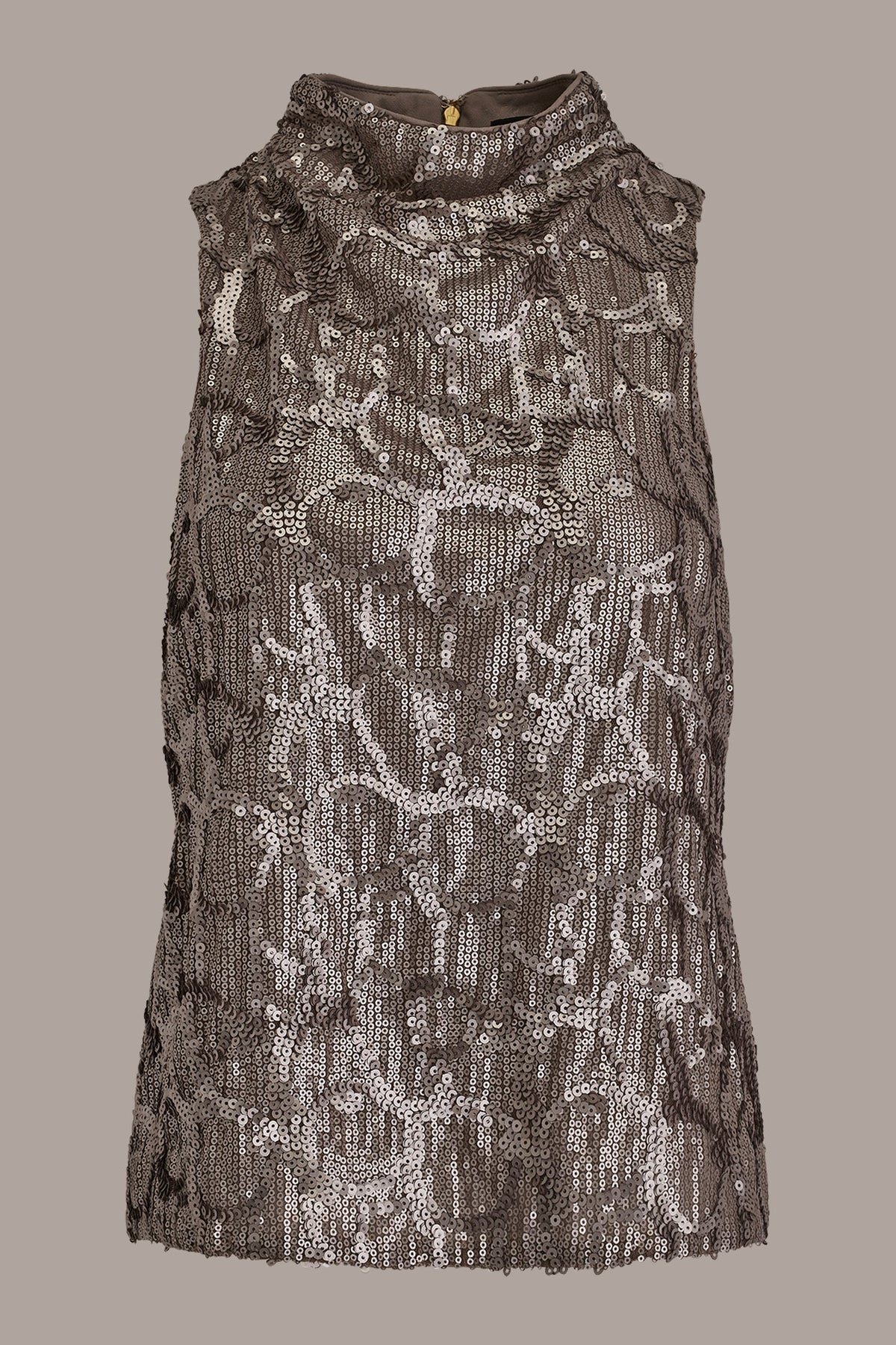SLEEVELESS HIGH COWL-NECK SEQUIN TOP